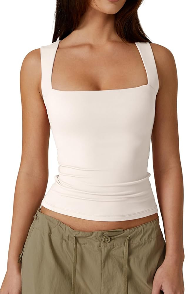 QINSEN Women's Square Neck Sleeveless Double-Layer Tank Tops Basic Tight T Shirts | Amazon (US)
