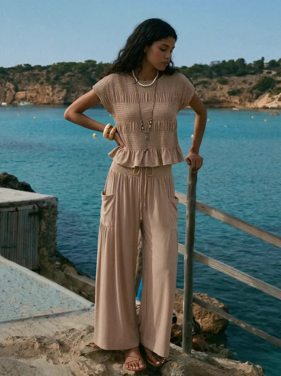 High Stretch Smocked Short Sleeve Top & Mid Rise Wide Leg Cropped Trousers Set | Cider