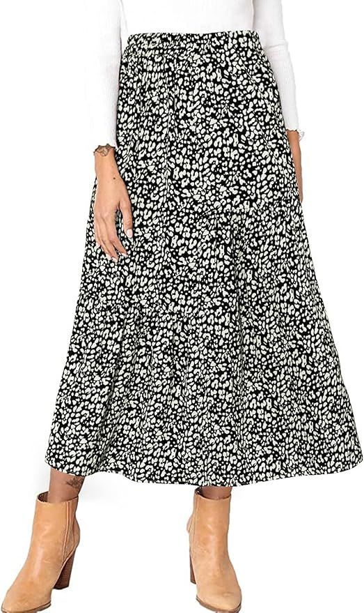PRETTYGARDEN Women's Printed Pleated Maxi Skirt Casual High Waist Elastic Leopard A-Line Swing Su... | Amazon (US)