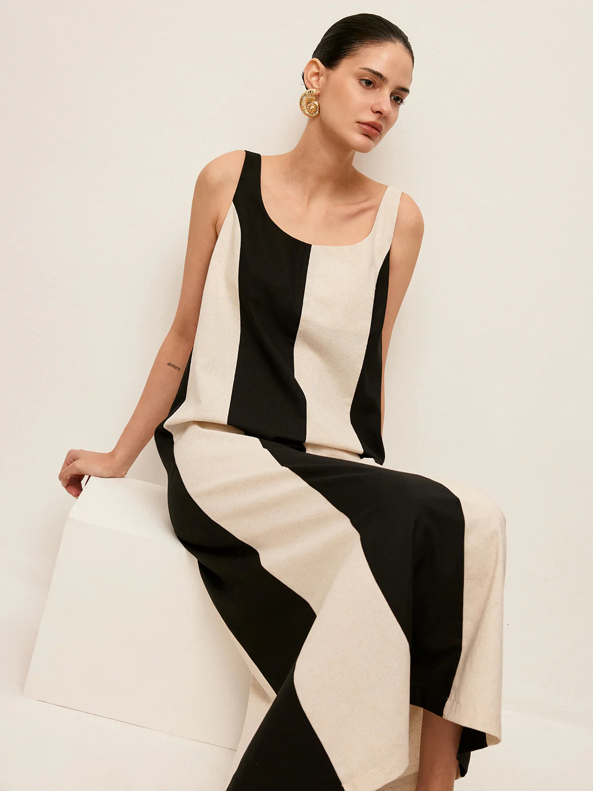 Cotton & Linen Striped Sleeveless Dress | Commense