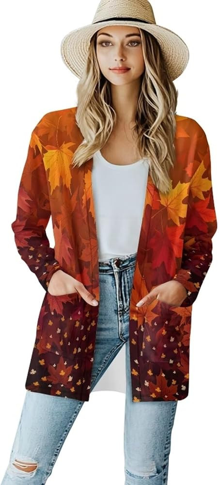 Fall Maple Leaf Cardigan Sweaters for Women Long Sleeve Cardigan Soft Drape Open Front Dusters V-... | Amazon (US)