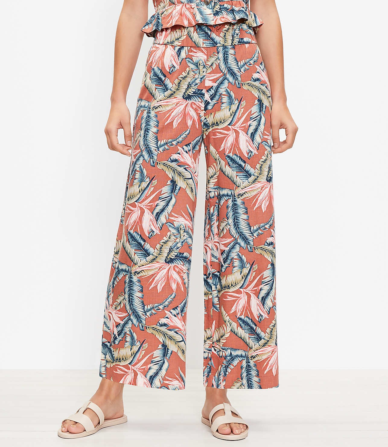 Pull On Wide Leg Pants in Birds of Paradise Linen Blend | LOFT