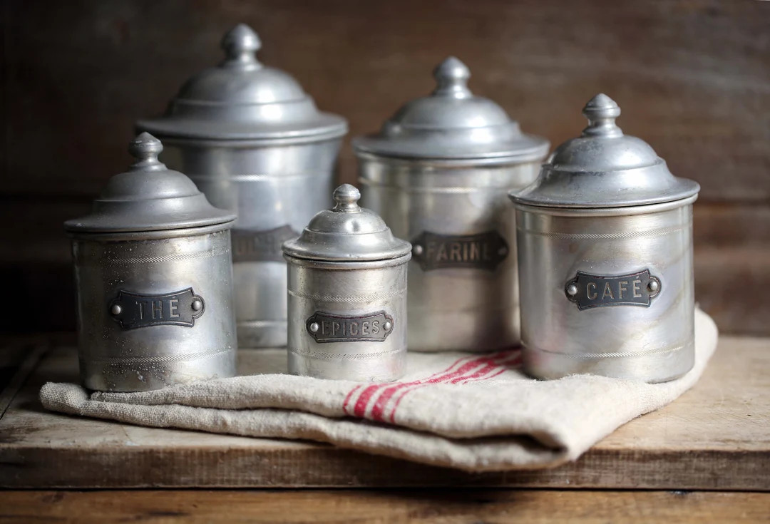 Set of 5 Vintage French Kitchen Aluminium Canisters Metal Spice Jars Food Storage Containers - Et... | Etsy (US)