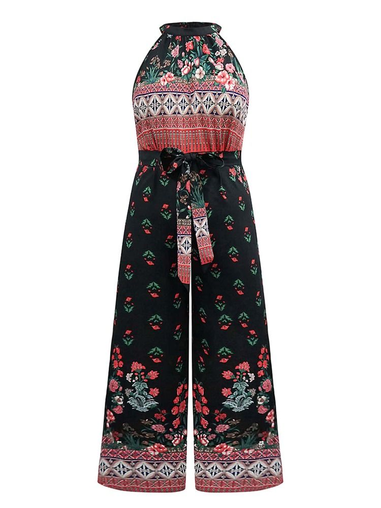 Plus Floral And Geo Print Wide Leg Belted Halter Jumpsuit | SHEIN