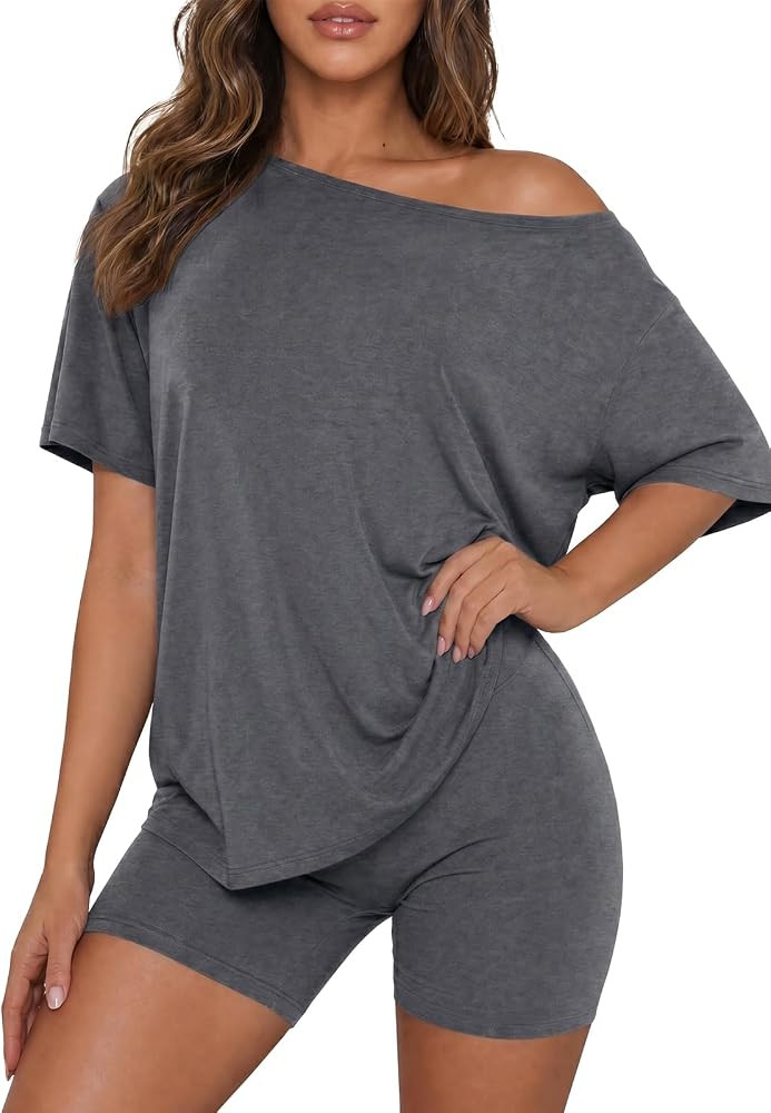 Fisoew Womens 2 Piece Lounge Sets Summer Matching Sets Oversized T Shirts and Biker Shorts 2026 T... | Amazon (US)