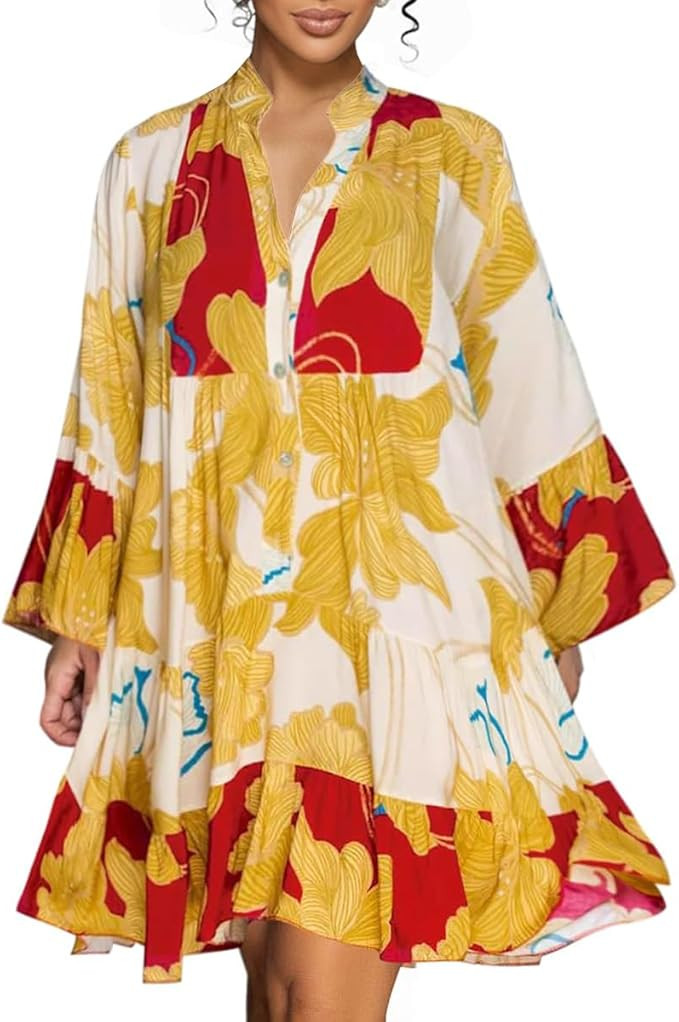 knowfashionstyle Womens Dresses 2025 Summer Boho Floral Button Tunic V Neck Dress Casual Long Sle... | Amazon (US)