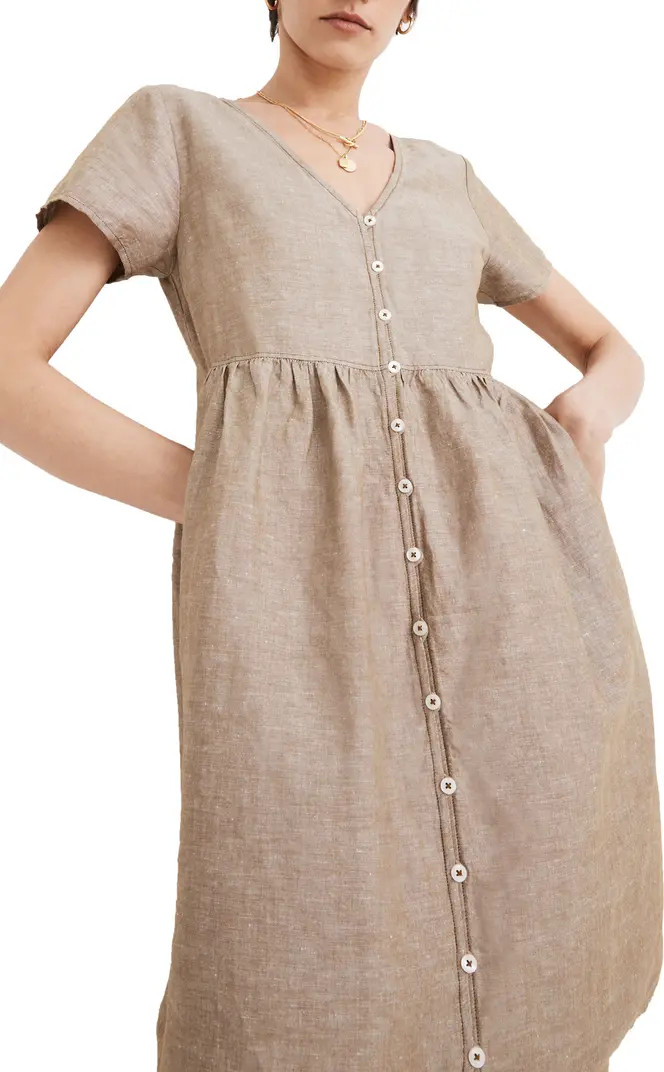 V-Neck Button Front Linen Blend Minidress | Nordstrom Rack