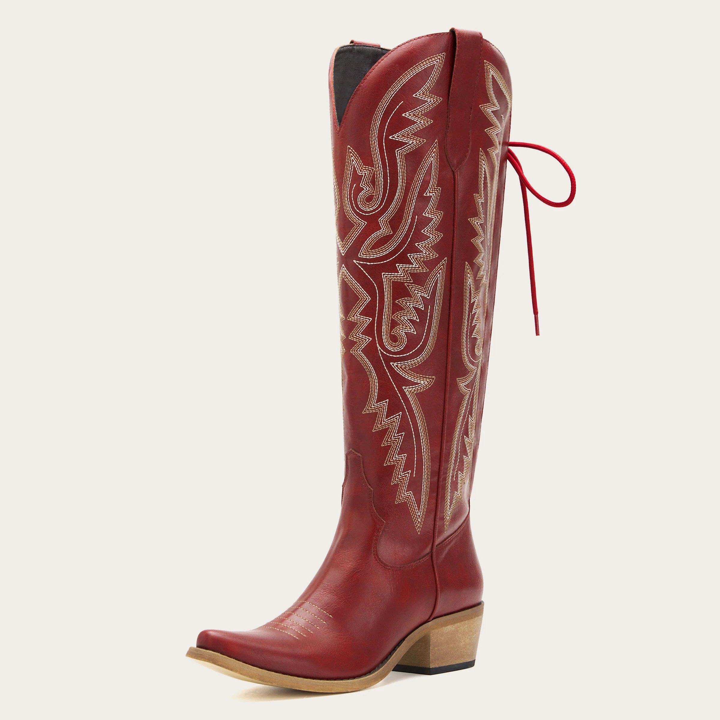 REDTOP Red Tall Cowgirl Boots with Bold Embroidery and Lace-Up Back - The Withersteen | REDTOP