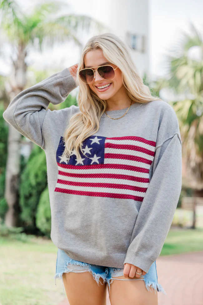 Home Of The Free Grey Textured Flag Sweater | Pink Lily