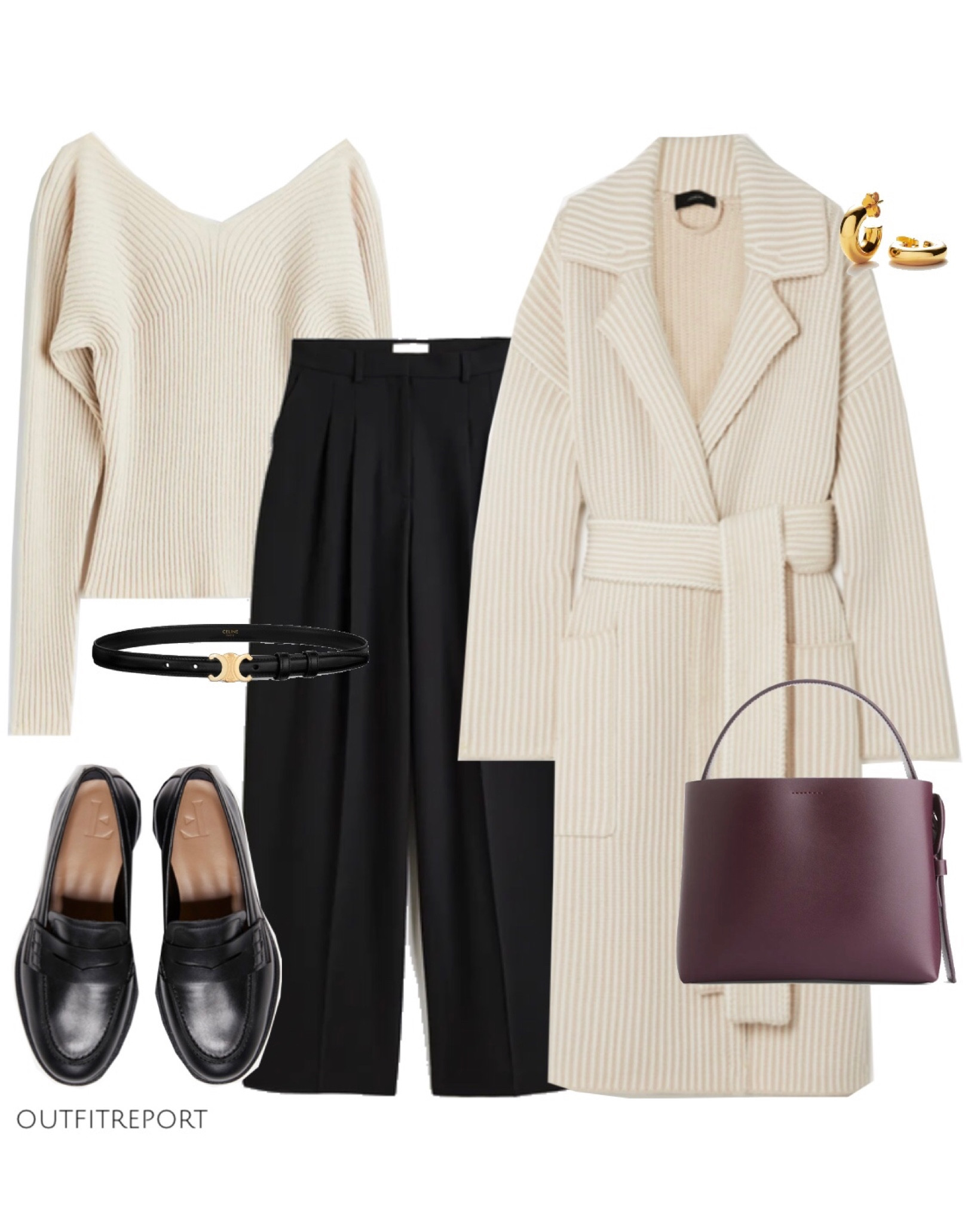Wide leg trousers pants for work wear office winter outfits in belted beige brown wool coat jacket, burgundy red handbag, black loafers , beige ribbed knit top and Celine belt with gold earrings 

#LTKeurope #LTKshoecrush #LTKstyletip