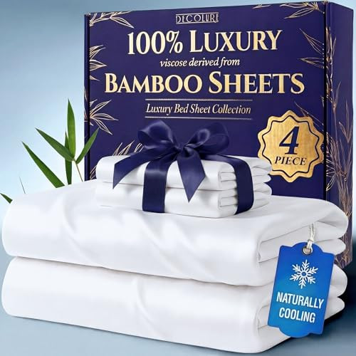 DECOLURE 100% Viscose Derived from Bamboo Sheets Full Size - Luxury 4 Pc Naturally Cooling Sheets, Ultra Soft Bed Set - Deep 17" Pockets, Durable Double Stitching, Oeko Tex Standard (White) | Amazon (US)