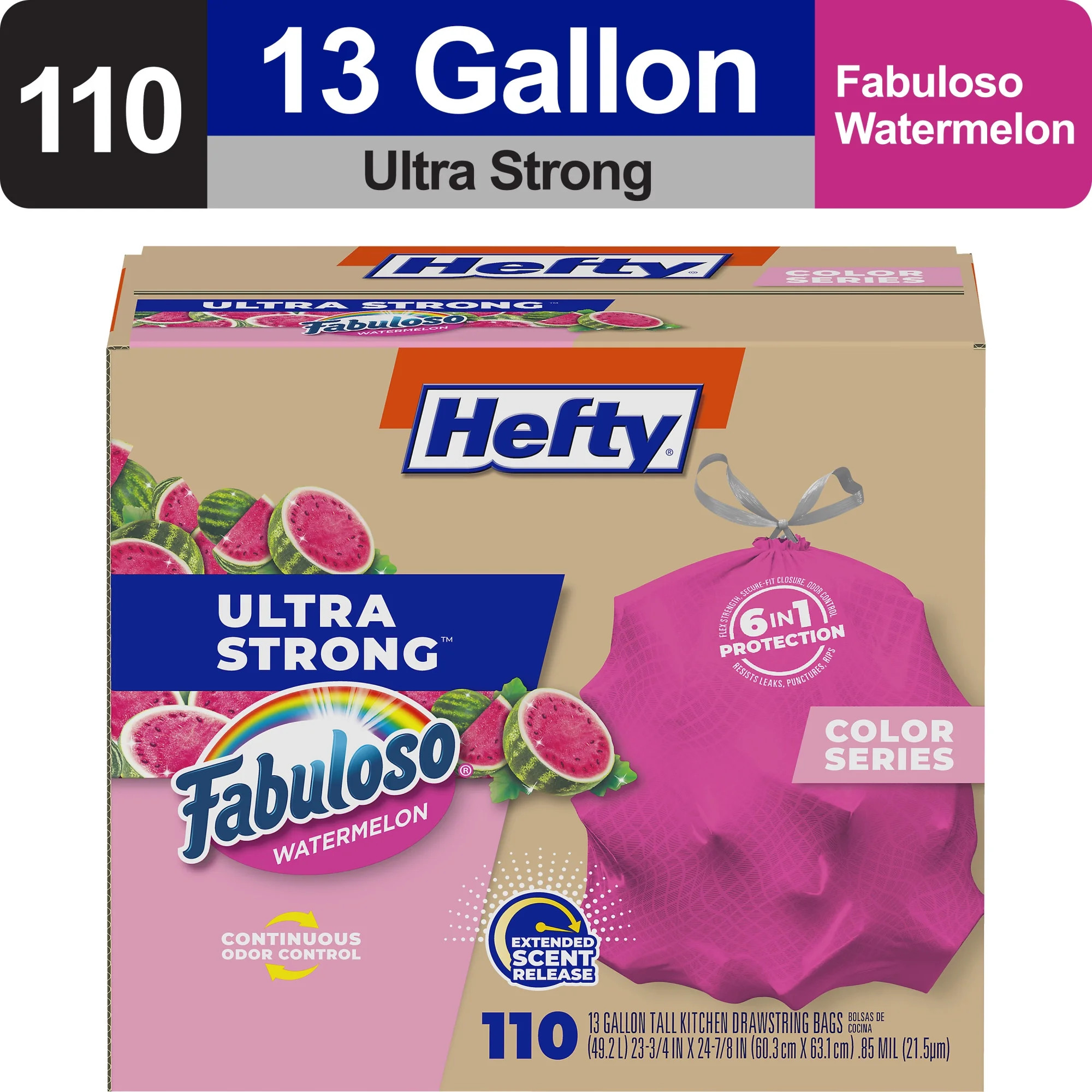 Hefty Ultra Strong 13 gallon Trash Bags, Tall Kitchen Trash Bags, Pink, Fabuloso Watermelon Scent... | Walmart (US)