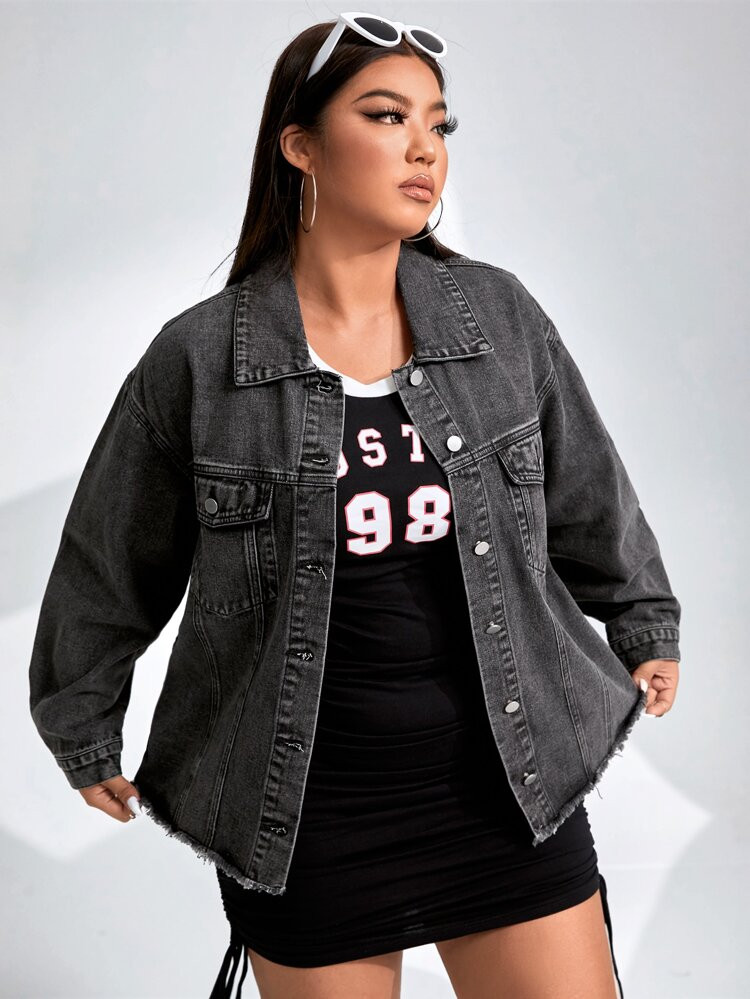 Plus Drop Shoulder Raw Cut Denim Jacket | SHEIN