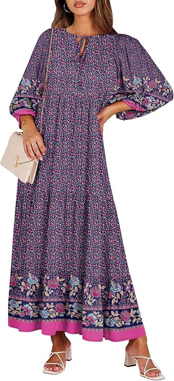 ANRABESS Womens Boho Maxi Dresses 2026 Summer V Neck Puff Sleeve Floral Flowy Swing Fall Casual L... | Amazon (US)