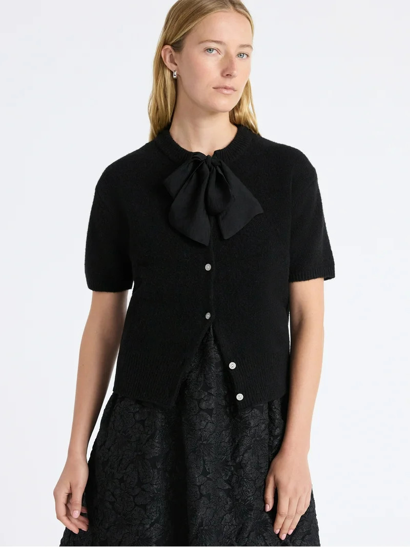 Free Assembly Women's Button-Front Bow Sweater with Short Sleeves, Midweight, Sizes XS-XXL | Walmart (US)