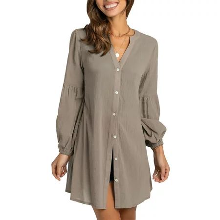 Chollius Women s Linen Blouses Long Sleeve Button Down Tunic Dresses Puff Long Sleeve Mid-Long Blous | Walmart (US)
