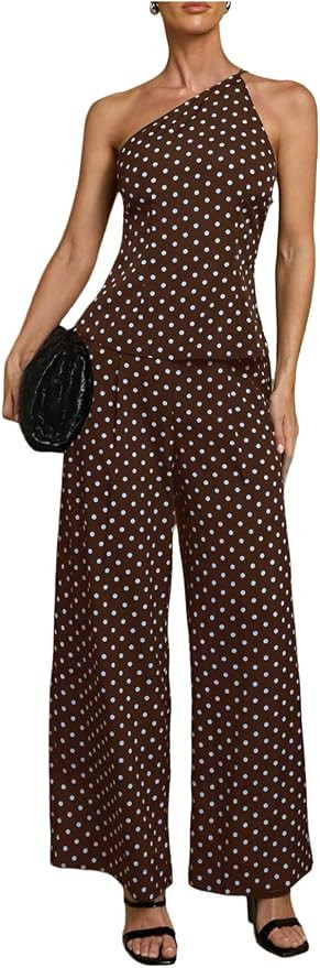 SweatyRocks Women's 2 Piece Outfit Polka Dots One Shoulder Top and Pant Set | Amazon (US)