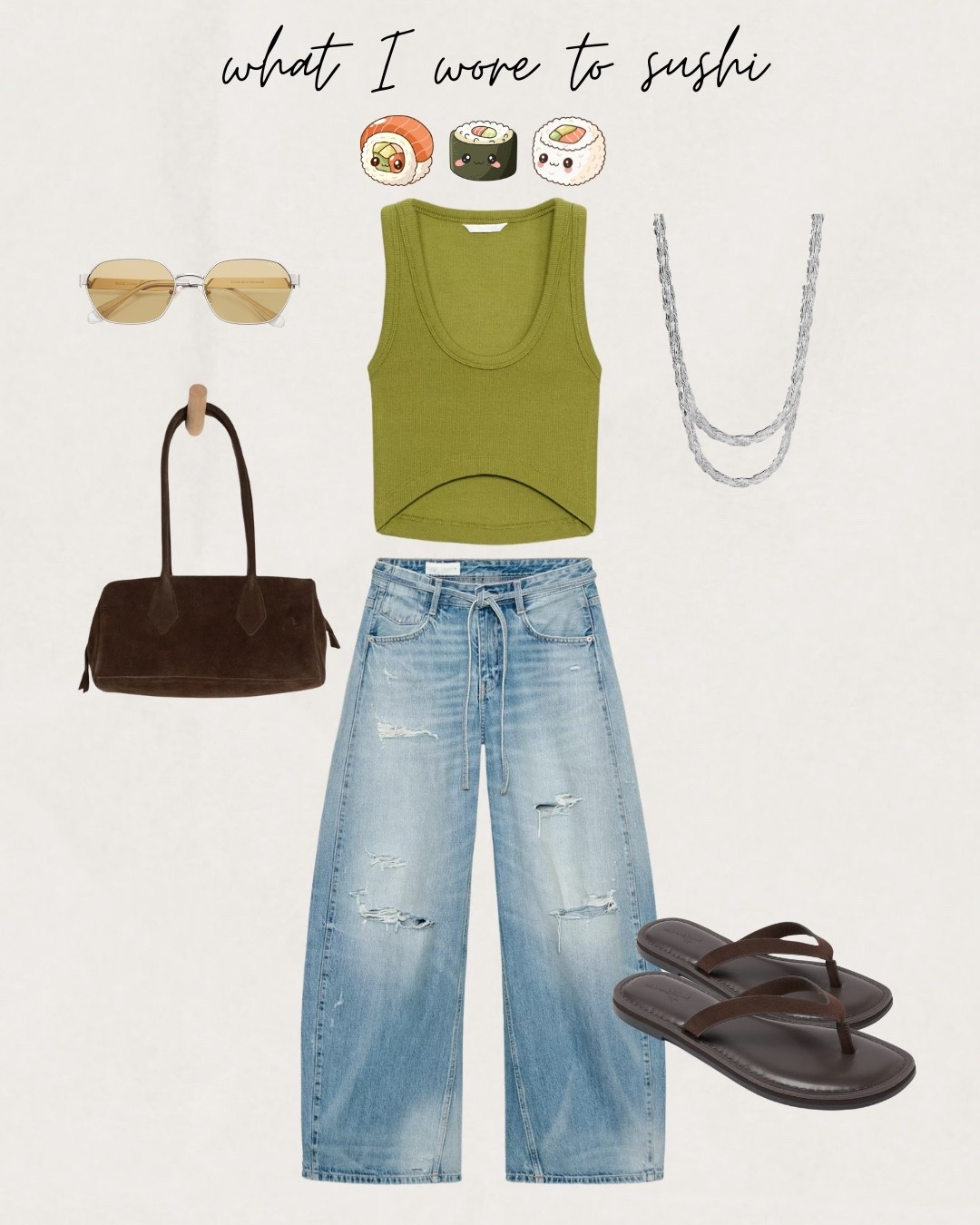 What I wore to sushi tonight 
Top L ( it’s not as cropped as the photo showed) 
Pants 12 
Sandals tts 
Use code shayna15 on necklaces to save $ 
#zara #denim #ootn 

#LTKMidsize #LTKootd