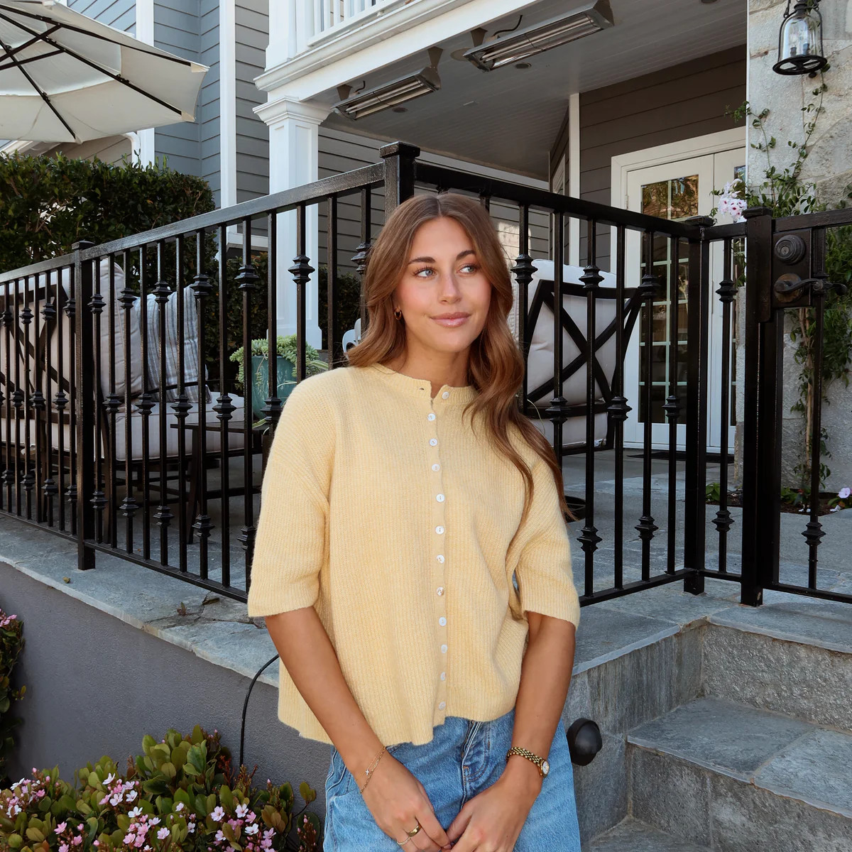 Elise Short Sleeve Cardigan in Honey | Henly