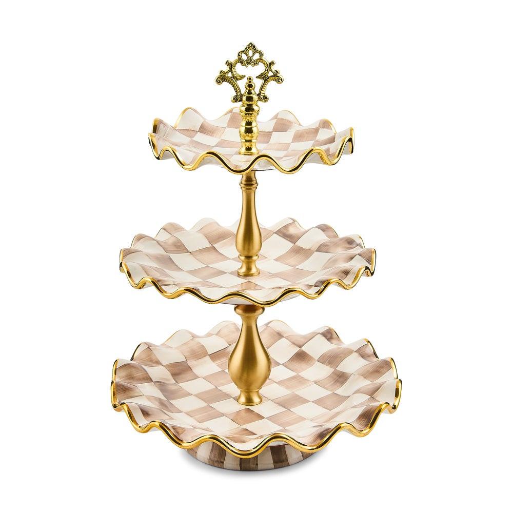 Mocha Check Ceramic Three Tier Sweet Stand | MacKenzie-Childs