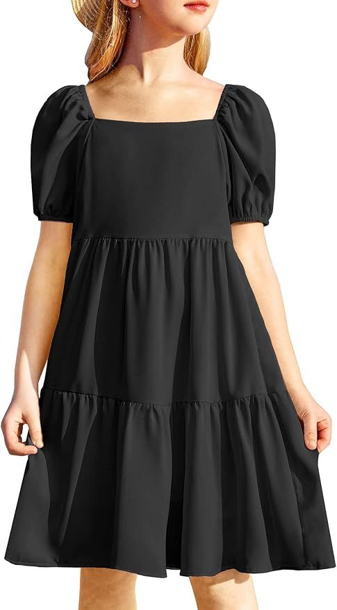 Arshiner Girls Dresses Short Sleeve Ruffle Chiffon Swing Flowy Dress with Square Neck | Amazon (US)