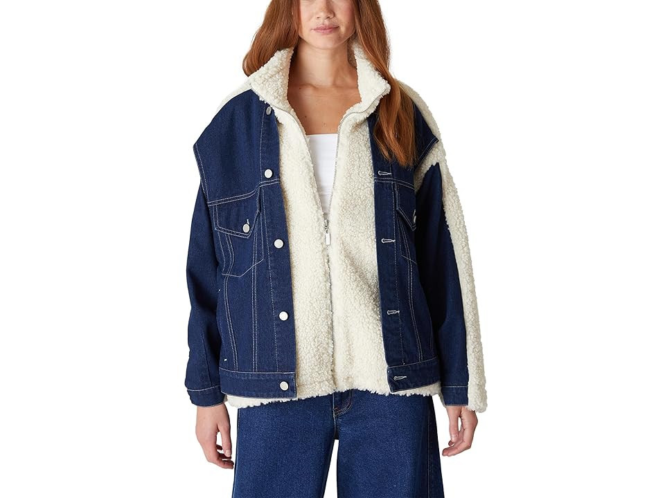 Blank NYC Denim and Sherpa Jacket Women's Vest Blue/Ivory : MD, Cotton/Denim/Polyester | Zappos