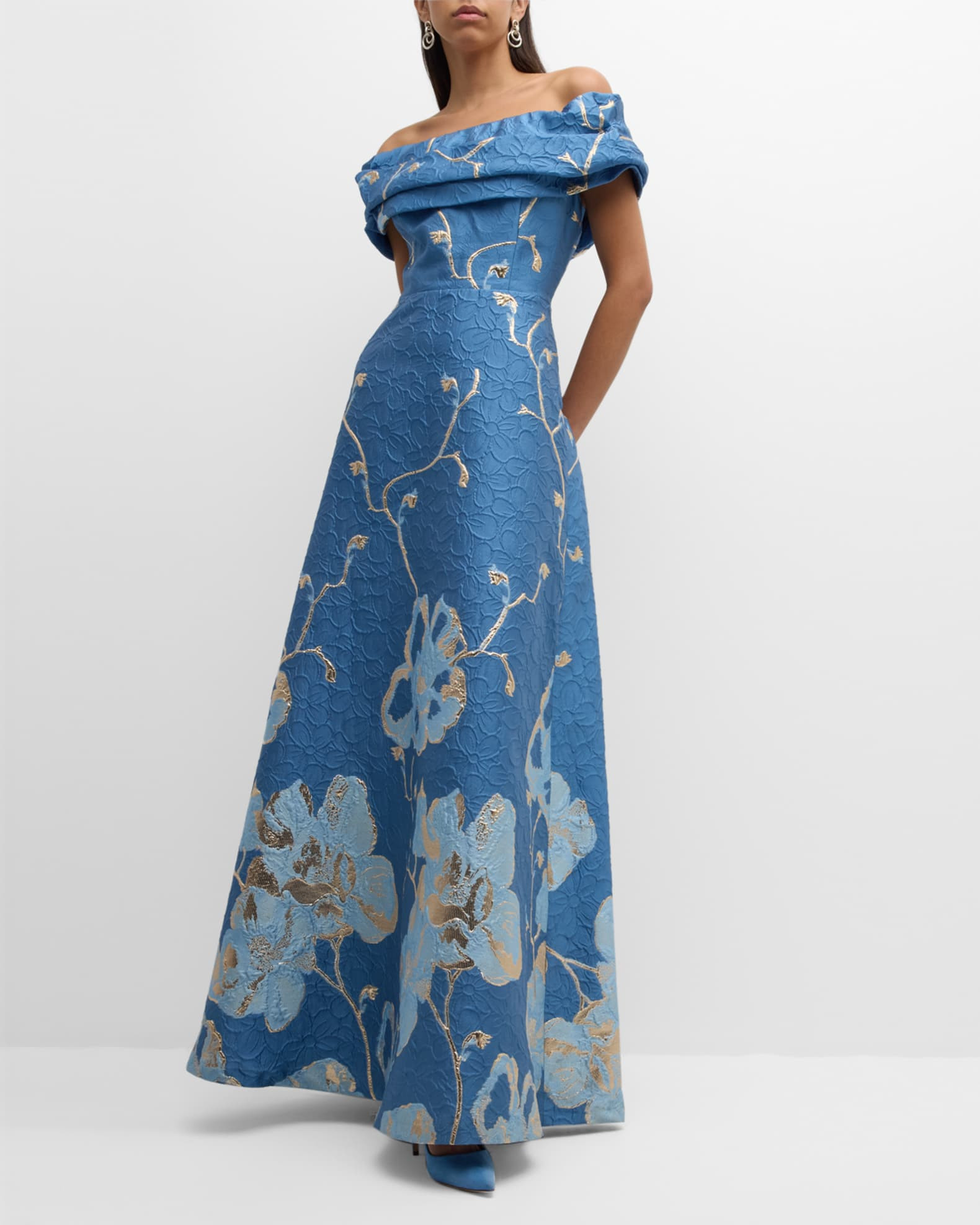 Off-Shoulder Ruffle Floral Jacquard Gown | Neiman Marcus