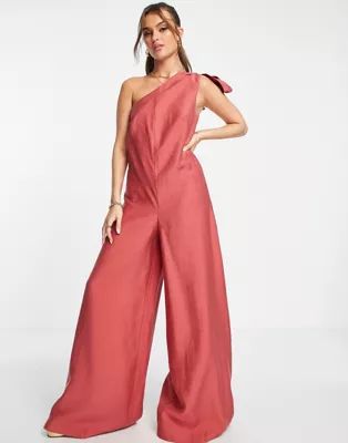 ASOS DESIGN - Tuta jumpsuit monospalla in lino rosso mattone con allacciatura | ASOS (Global)