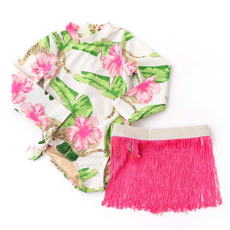 Botanical Leopard Girls Long Sleeve One Piece & Fringe Skirt Swim Set 6m-24m | Shade Critters