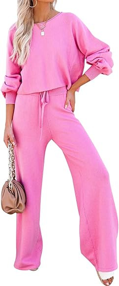 Pink Queen Women's 2 Piece Outfit Sweater Set Long Sleeve Crop Knit Top and Wide Leg Long Pants S... | Amazon (US)