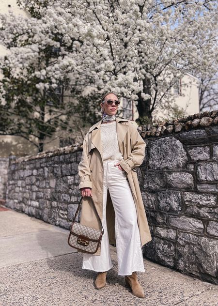 Spring outfit, trench coat outfit, white jeans, Gucci silk scarf, neutral style 

#LTKSeasonal #LTKover40