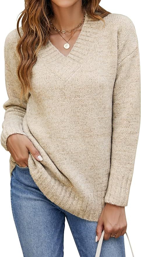 Bluetime Women Casual Long Sleeve Sweaters Soft Loose Fit Cable Knit Pullover V Neck Oversized Tu... | Amazon (US)