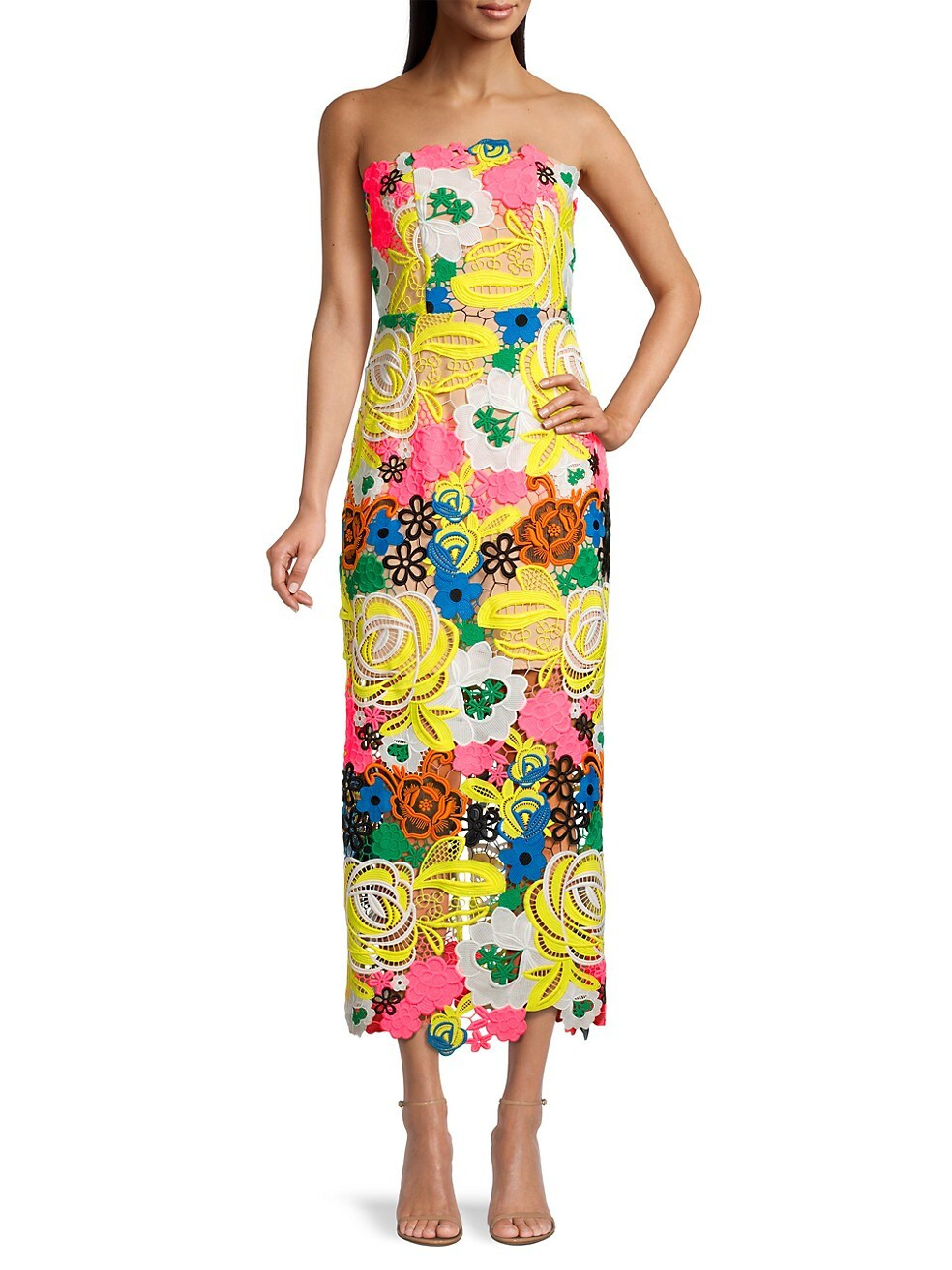 Strapless Floral Lace Midi-Dress | Saks Fifth Avenue