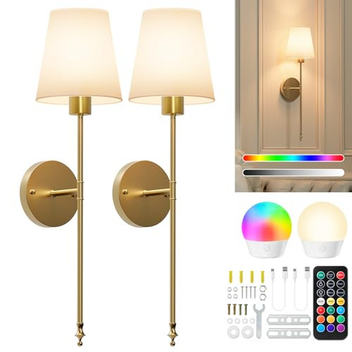 Brightown Battery Operated Wall Sconces Set of 2, Cordless Wall Lights with Rechargeable Bulbs and Remote, 12 Lighting Colors and Dimmable, Battery Powered Wall Lights for Bedroom Living Room, Gold | Amazon (US)