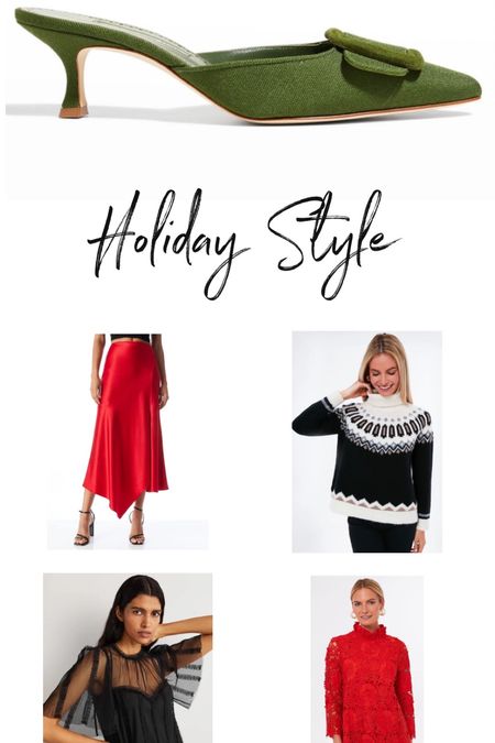 Holiday outfit! This holiday season, we recommend wearing these Manolo Blahnik olive green suede buckle mules, Alice+Olivia red asymmetrical midi skirt, Fair Isle sweater from Tuckernuck, tulle top from BODEN or lace long-sleeve blouse! #holidayoutfit #christmasoutfit #sweater #midiskirt #lace 

#LTKSeasonal #LTKGiftGuide #LTKHoliday