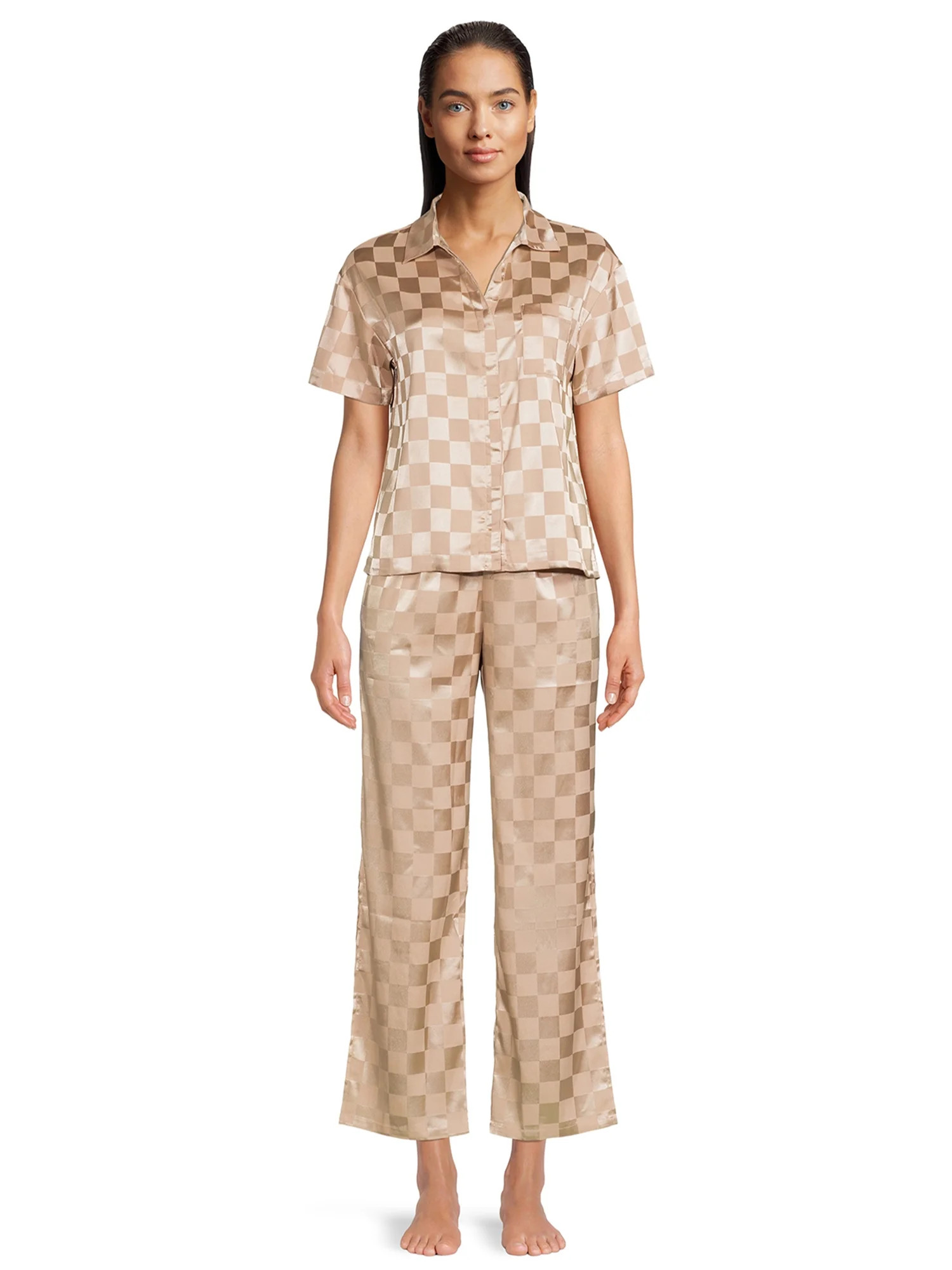 Lissome Women's and Women's Plus Satin Checkered Boxy Crop Top and Pants Sleep Set, 2-Piece | Walmart (US)
