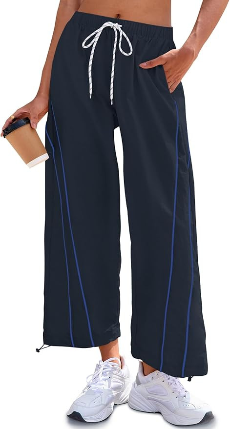 Fisoew Womens Baggy Wide Leg Pants Casual Elastic Waist Drawstring Hiking Workout Cropped Track P... | Amazon (US)