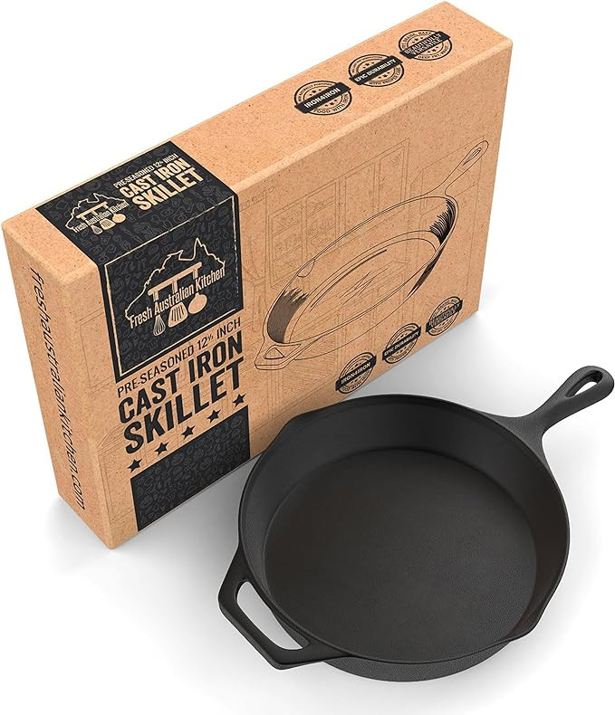 Fresh Australian Kitchen 12" Cast Iron Skillets Nonstick - Pre Seasoned Frying Pan Cookware Pan f... | Amazon (US)