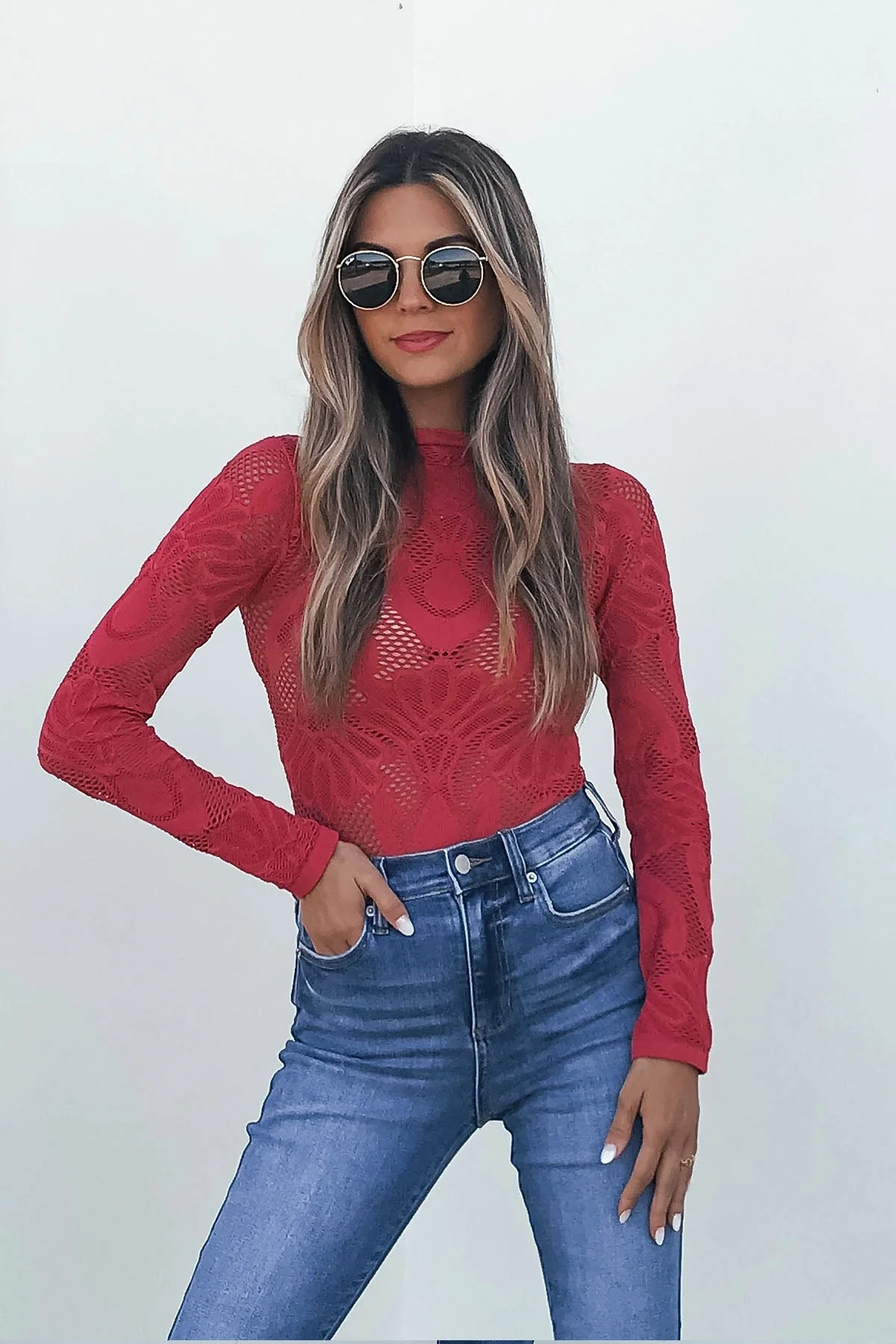 Red Mock Neck Fishnet Top | Magnolia Boutique