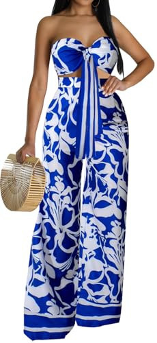 Vacation Outfits for Women Sexy Off Shoulder Tube Bikini Bandage Top Long Straight Pants Swimwear Cover Ups with Zipper(Large) White/Blue | Amazon (US)