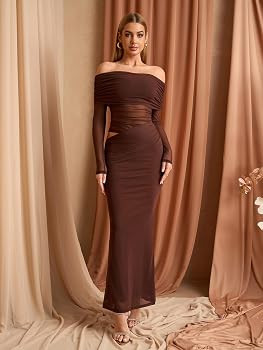 KUTUMAI Women Off Shoulder Long Sleeve Maxi Dress Cutout Mesh Ruched Bodycon Formal Wedding Guest... | Amazon (US)