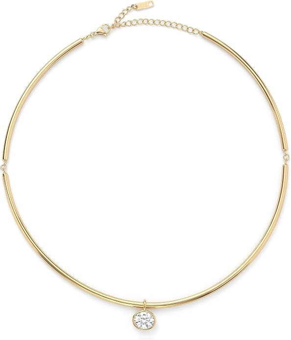 18K Gold Oval Bezel Collar Charm Necklace CZ Pendant Choker Necklaces for Women | Amazon (US)