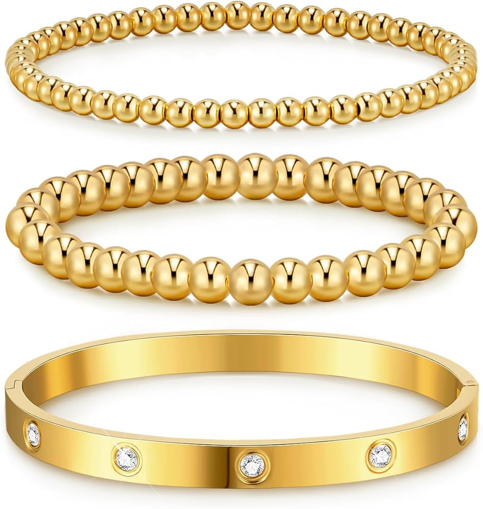 doubgood Gold Bracelets for Women 3PCS Gold Bangles for Women Stretch Gold Beaded Bracelets Cubic... | Amazon (US)