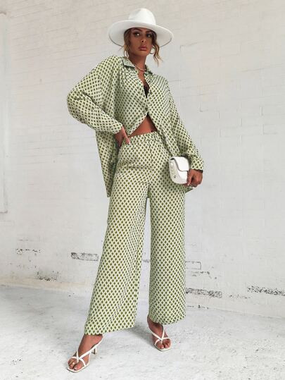 Argyle Print Drop Shoulder Blouse & Wide Leg Pants | SHEIN