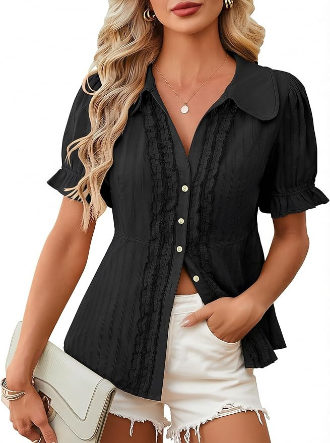 ECOWISH Women's Button Down Shirt - Peter Pan Collar Cotton Blouse Summer Dressy Short Sleeve Loo... | Amazon (US)