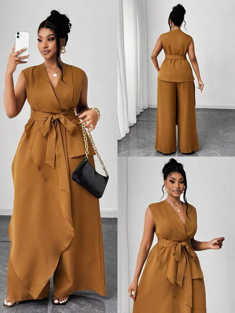 Maweii Plus Size Women 2 Pieces Set: Sleeveless Minimalist Handkerchief Hem Blazer Vest And Loose... | SHEIN