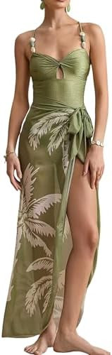 SherryDC Women One Piece Swimsuit with Mesh Sarong Wrap Skirt Cutout Bathing Suit with Tropical B... | Amazon (US)