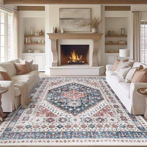 zesthome 8x10 Area Rugs for Living Room,Non-Slip Backing Washable Rugs,Vintage Large Area Rug，Stain Resistant Home Decor Rug (Navy Blue/Red,8'x10') | Amazon (US)