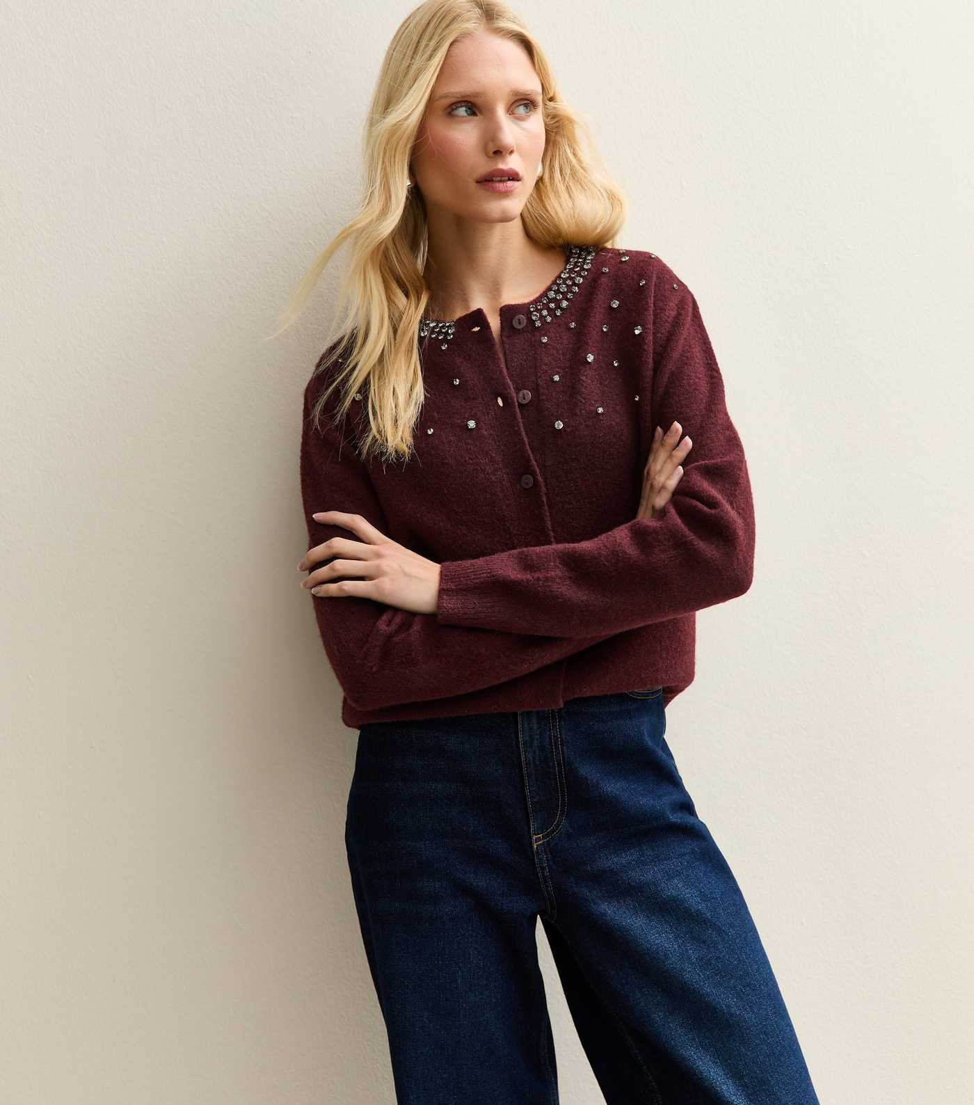 Dark Burgundy Diamanté Embellished Cardigan | New Look | New Look (UK)