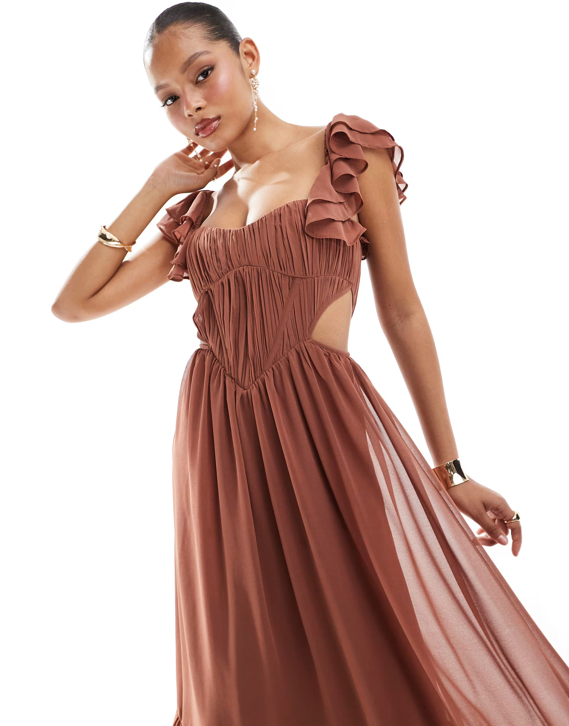 ASOS DESIGN flutter sleeve corset cut out midi skater dress in mocha | ASOS (Global)